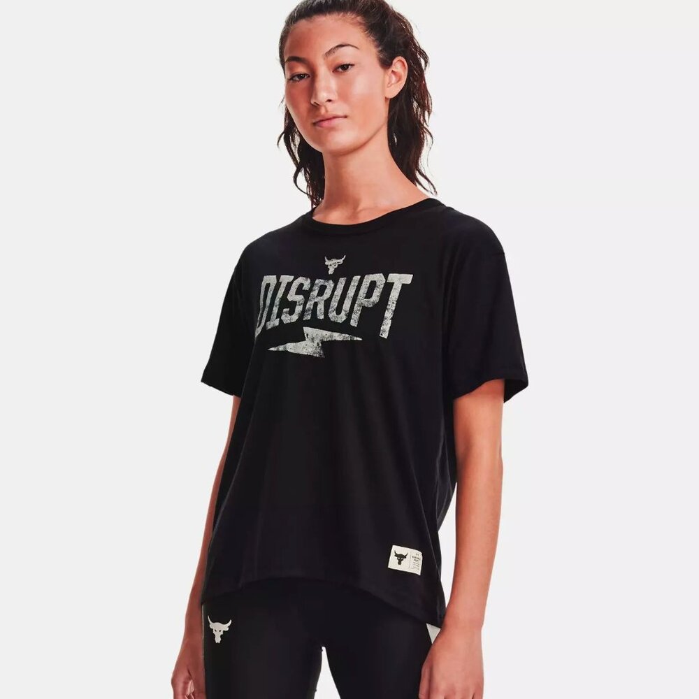 Under Armour Women's Project Rock Disrupt Short Sleeve 1356986-001 Black NWT